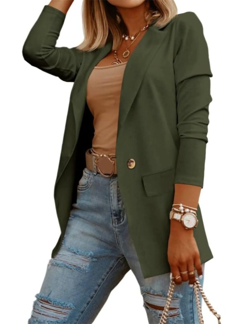 🆕Women's Green Casual Knit Blazer Open Front Long Sleeve Work Office Jacket